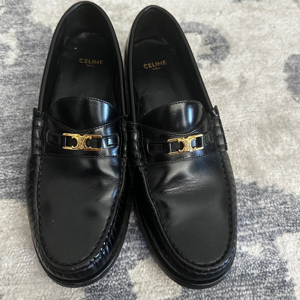 Celine Black Leather Loafers with Gold Accent